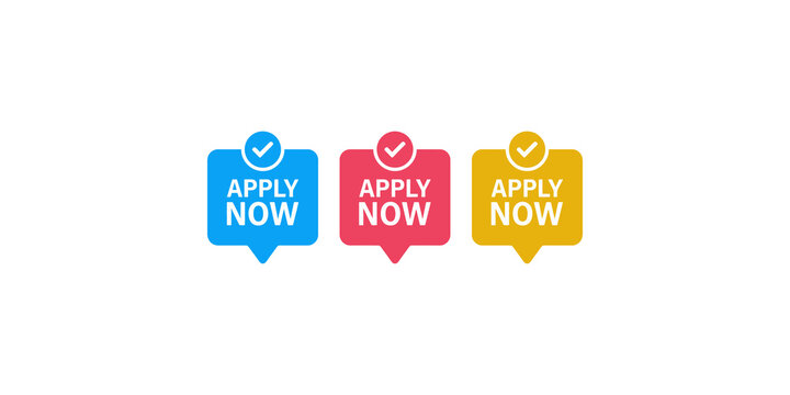 Colorful apply now speech bubble buttons with check marks for recruitment marketing and job vacancy announcements.