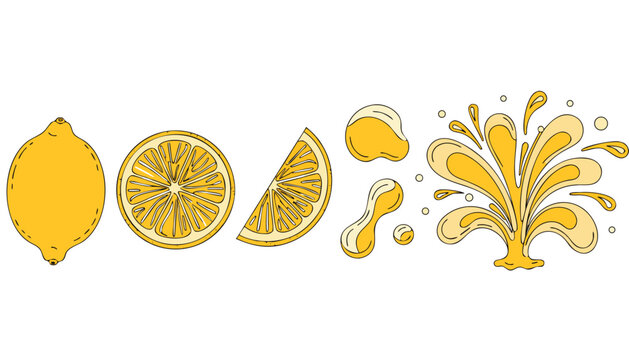 Fresh yellow lemon slices and splashing citrus juice vector graphic elements