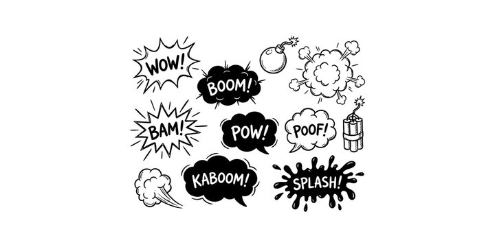 Comic book style black and white explosion and sound effects for dynamic action illustration and graphic designs.