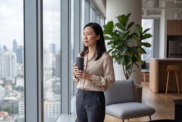 Fototapeta premium Woman standing by the window holding a coffee cup in a modern office with city view in daytime