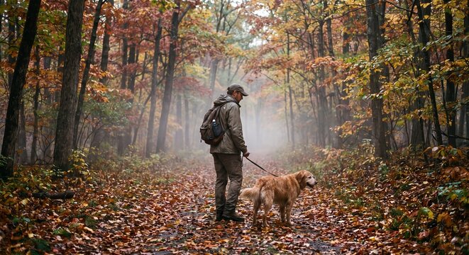 Ein Mann mit seinem Hund beim Spaziergang im Herbst durch den Wald