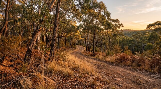 Winding dirt track through a sunlit eucalyptus woodland at golden hour