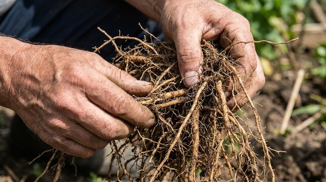 Farmer examining freshly pulled roots from the soil