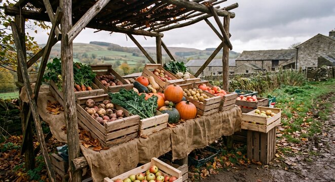 Ein Marktstand mit frischem Gem&uuml;se im Herbst