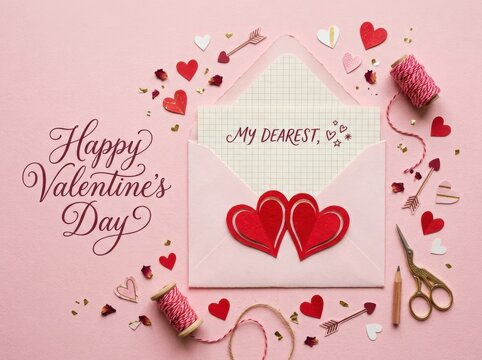 Valentines day greeting card with an open envelope, heart decorations, twine, and scissors on a pink background