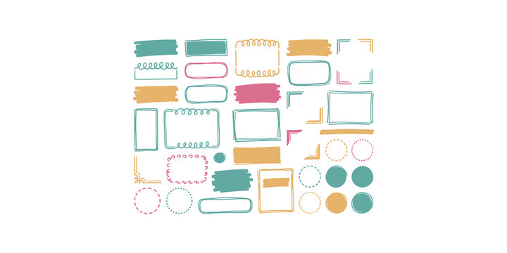 Colorful hand drawn frames and shapes in pastel shades on transparent background for notes and creative design elements.