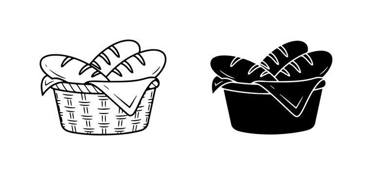 Hand-drawn bread basket vector, bakery icon, fresh baked goods, rustic food illustration
