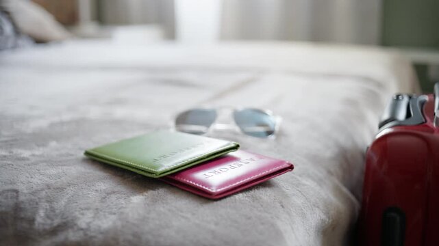 Travel Passport Lying On The Bed In A Hotel Room, Capturing The Essence Of International Flight Travel