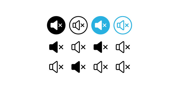 Mute sound speaker icon collection with x symbol in black and blue circular or linear styles for volume control interfaces.