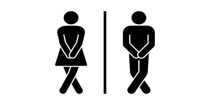 Restroom signs for men and women holding private parts in need of bathroom.