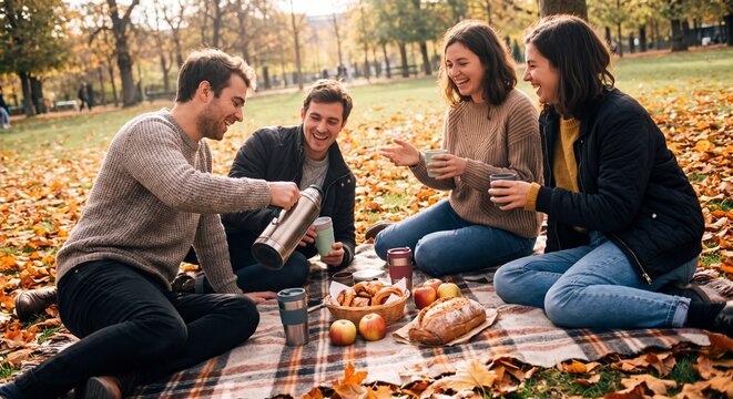 Zwei junge P&auml;rchen auf der Wiese beim Picknick im Herbst