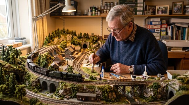 Senior man meticulously crafting a detailed miniature railway model landscape