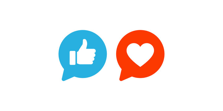 Blue like and orange heart speech bubble icons vector illustration design for social media comments.