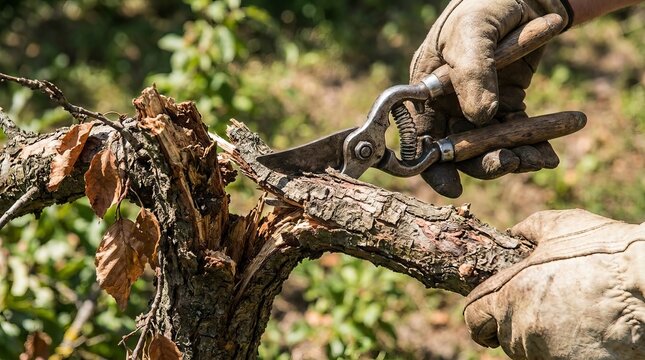 Using pruning shears to cut a tree branch.