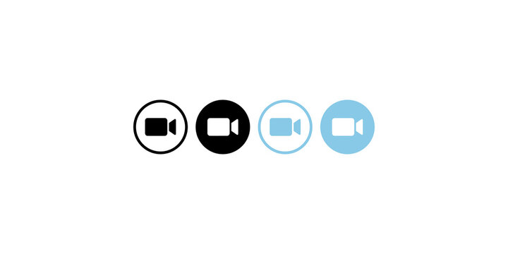 Video camera icon group features black and blue circular buttons for digital streaming and conference call apps use.
