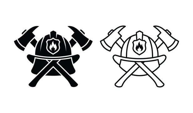 Firefighter helmet and crossed fire axes vector icon collection in glyph and outline style