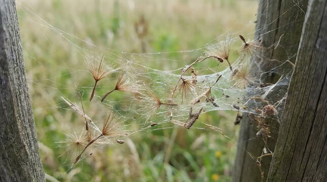 Delicate spider web catching dandelion pappus heads.