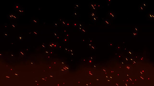 4k Orange cloud smoke fire sparks rising up alpha channel with angled wind motion, fiery red glowing embers floating, campfire smoke cloud particles overlay.