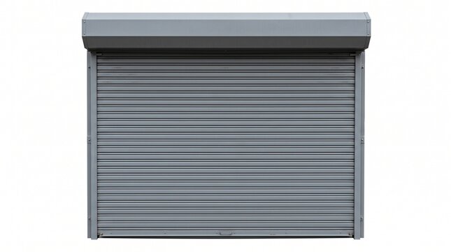 Modern gray metal rolling shutter door closed on a building facade