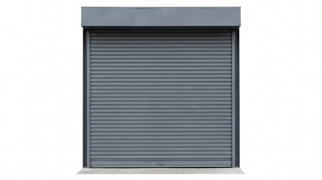 Modern gray metal rolling shutter door closed on a building facade