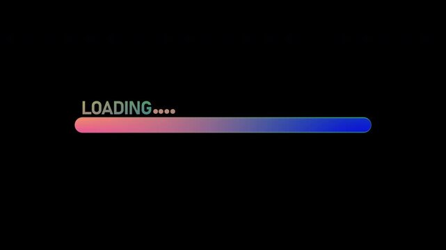 Animated loading progress bar graphic with gradient fill on black background, representing waiting or process completion, modern digital interface element.