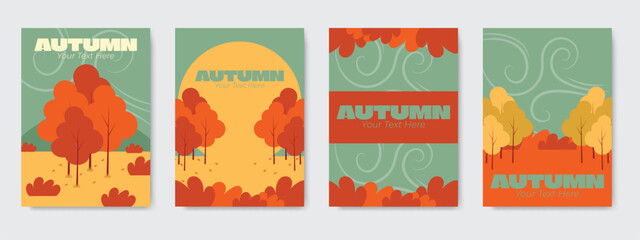 Fototapeta premium Autumn Landscape Poster Set Fall Nature Hills Vector Background