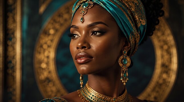 Elegant Black woman adorned in traditional turquoise and gold jewelry