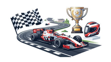 Naklejka premium Formula One Race Car with Trophy and Helmet.