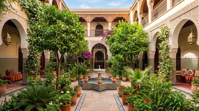 Serene Moroccan courtyard garden with fountain and lush greenery