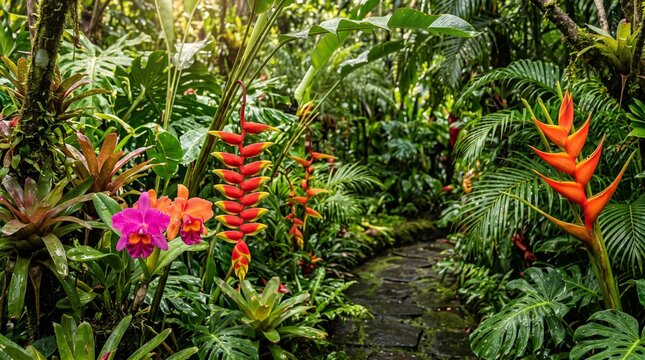 Lush tropical garden path after rainfall with vibrant exotic flowers