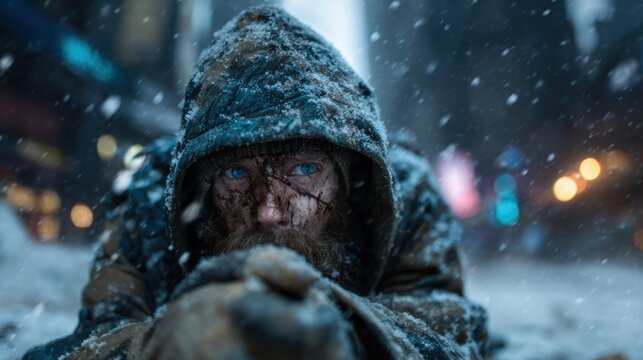 A poignant image captures a homeless man crawling through a snowy urban landscape, portraying struggles of survival and resilience amid adverse weather conditions.