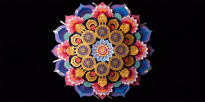 Ornate Tibetan Buddhist mandala paper craft with golden dharma wheels and vibrant pink lotus petals, 3D layered papercut art for meditation, zen spirituality, and cultural sacred geometry design.