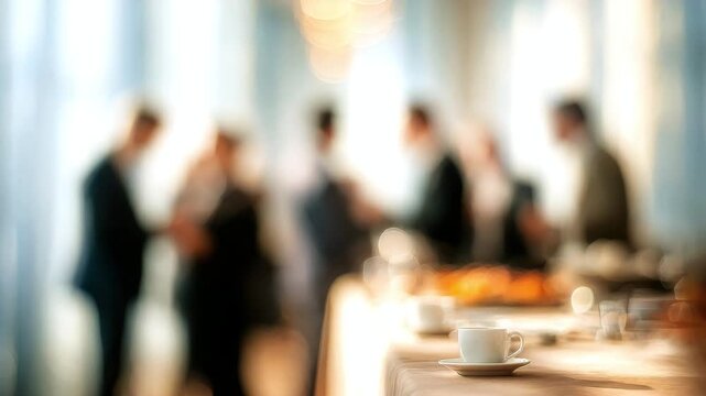 Cup of coffee on the table against the background of a business event. A group of business people communicate in a cafe during lunch. The concept of teamwork, networking