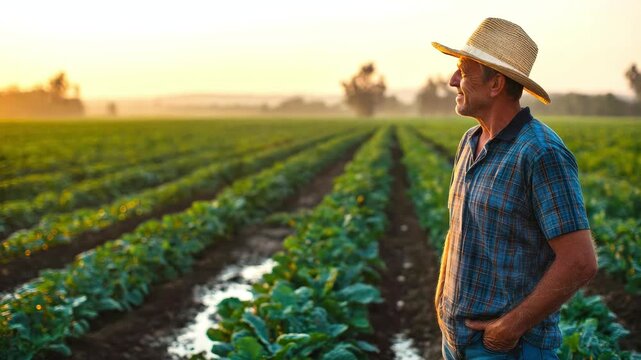 A middle-aged farmer wearing a straw hat surveys a field of neat rows of green crops at sunset. The concept of rural labor, organic farming, harvest