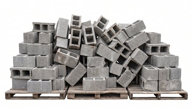 Stacked concrete cinder blocks on wooden pallets for construction and building projects