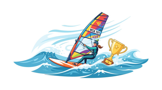 Windsurfer with colorful sail and trophy on waves.