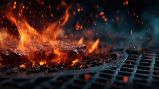 In this vibrant image, flames erupt from a sizzling steak on a grill, capturing the essence of barbecue cooking and the tantalizing allure of grilled meat.