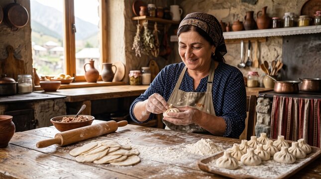 Smiling woman in traditional headscarf preparing khinkali dumplings in rustic kitchen