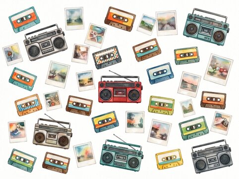 Retro Watercolor Cassette Tape and Polaroid Scatter Pattern
