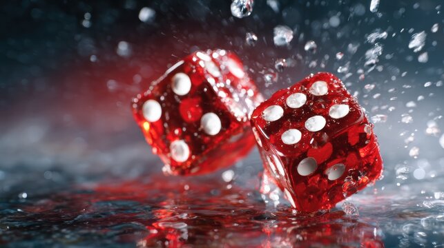 Two red dice falling into water create a dramatic splash, symbolizing chance and excitement, perfectly capturing the thrill of gambling and the dynamics of motion.