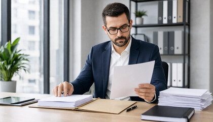 Serious businessman wearing glasses examining financial documents at his office desk with examining paperwork corporate worker desk work reading reports office environment modern office