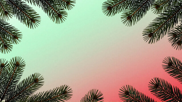 Christmas pine tree branches frame on gradient background