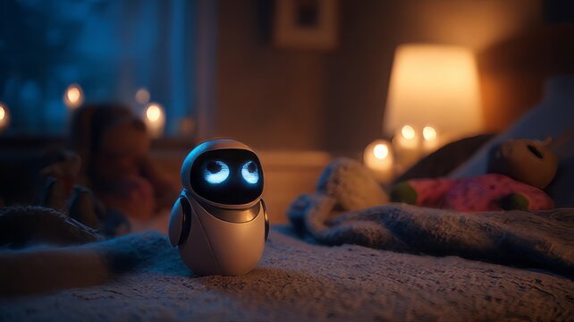 Futuristic smart home robot in cozy bedroom, cute white companion droid with glowing eyes, artificial intelligence assistant for kids