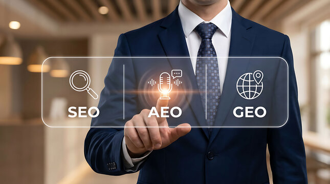 Businessman interacting with digital SEO, AEO, and GEO marketing technology