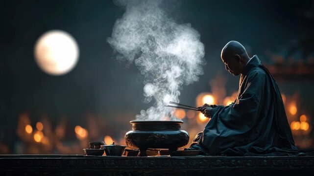 A meditating monk sits surrounded by smoldering incense and ritual bowls against the backdrop of a glowing full moon. Concept of spirituality, zen meditation, eastern traditions
