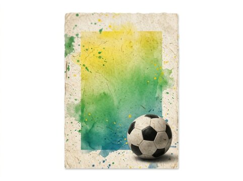 Soccer ball on textured paper with brazil flag colors watercolor splash