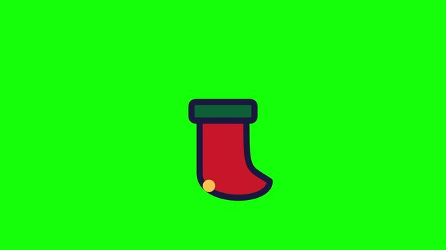 Flat vector red Christmas stocking icon with green cuff and floating square gift graphic isolated on bright neon green background. Bold line art for winter holiday festive greeting design.