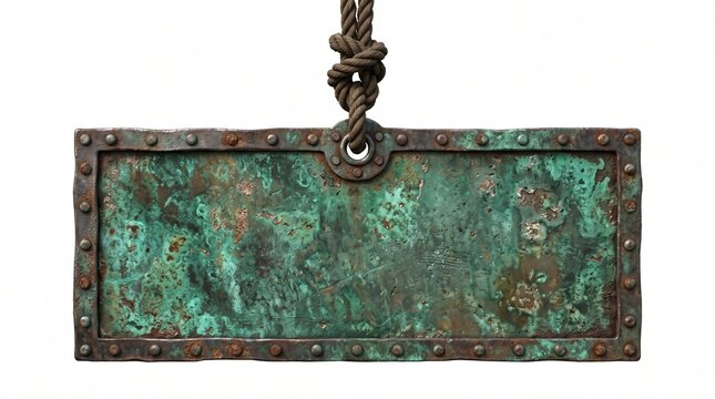 Vintage weathered copper signboard hanging from rustic rope with aged patina texture