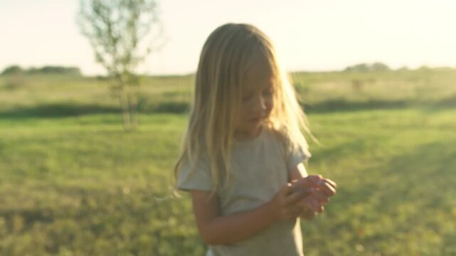 Boy standing in green field examining his hand for splinter at golden hour