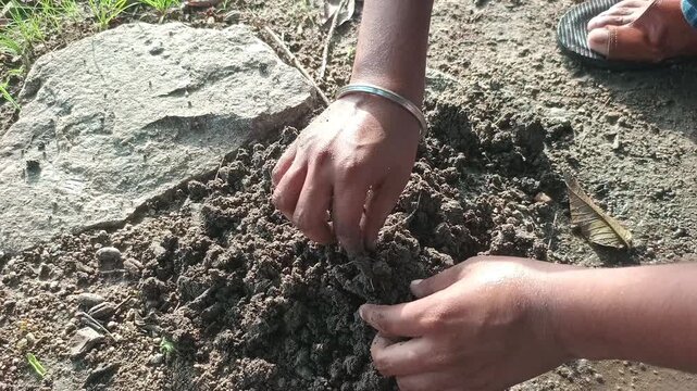 Close up of farmer hands mixing wet soil and mud outdoor in agricultural field